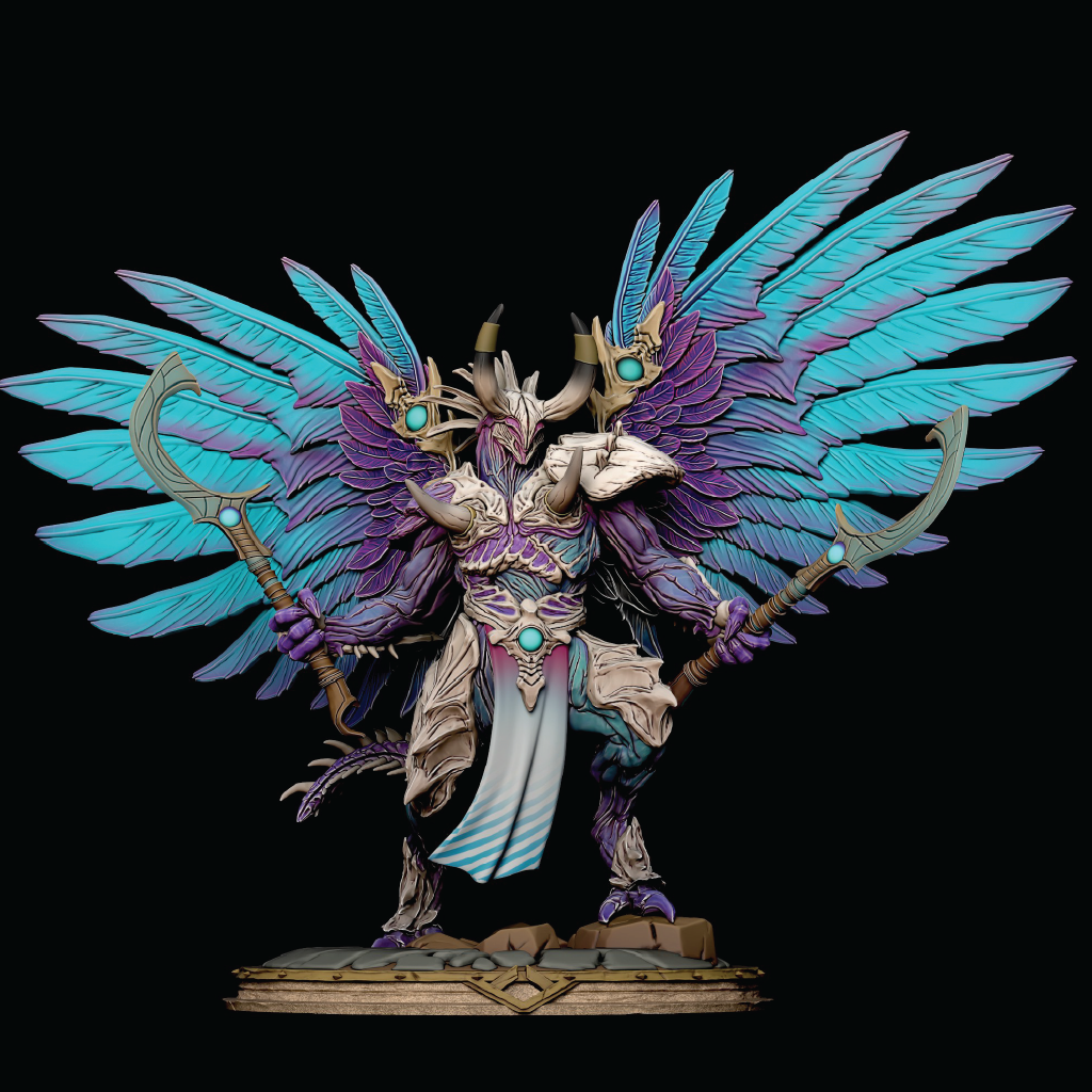Fantasy figurine with wings and armor on a black background