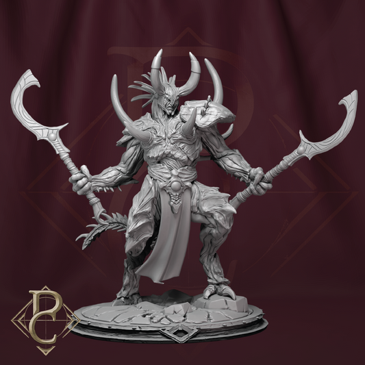 Fantasy figurine with horns and armor on a dark background