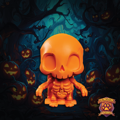 Orange skeleton figure with pumpkins and bats in a Halloween-themed background