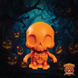 Orange skeleton figure with pumpkins and bats in a Halloween-themed background