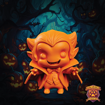Orange cartoon character with a dark background featuring pumpkins and bats, labeled 'Dungeon Paws'.