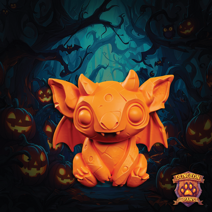 Orange creature with bat wings in a Halloween-themed background with pumpkins and bats.