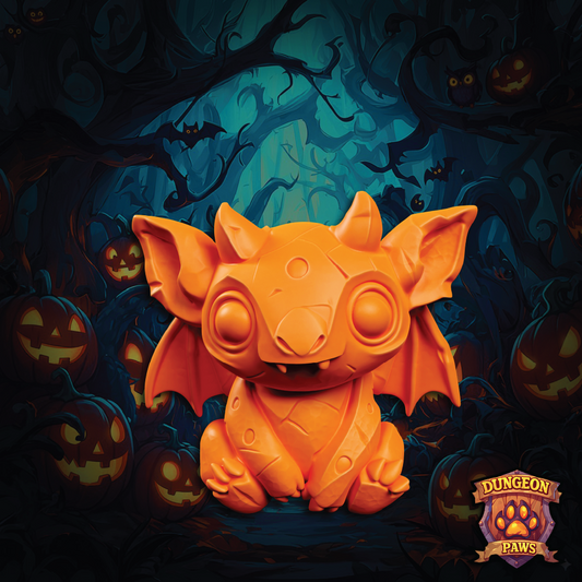 Orange creature with bat wings in a Halloween-themed background with pumpkins and bats.