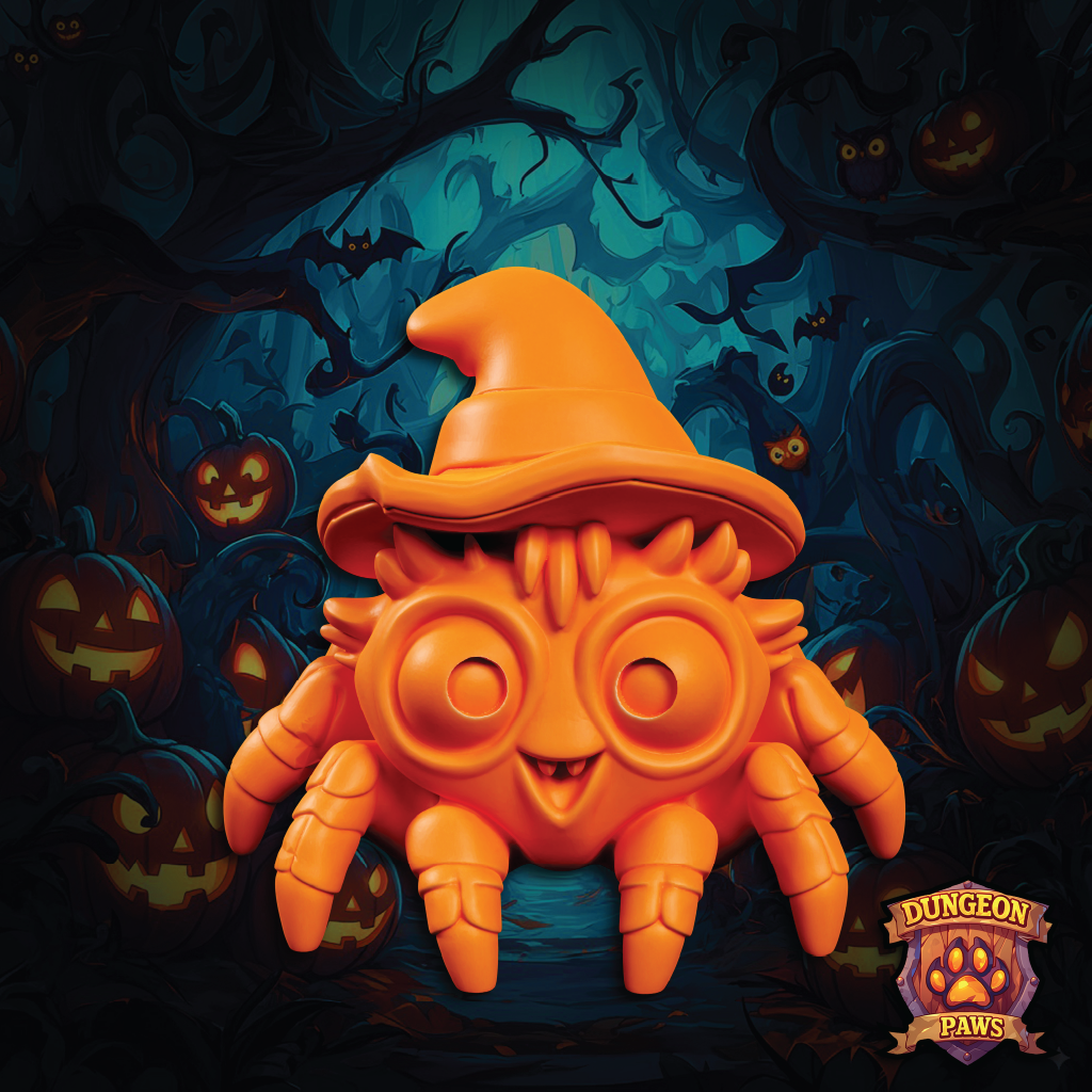 Orange spider-like creature with a witch hat on a Halloween-themed background with pumpkins and bats.