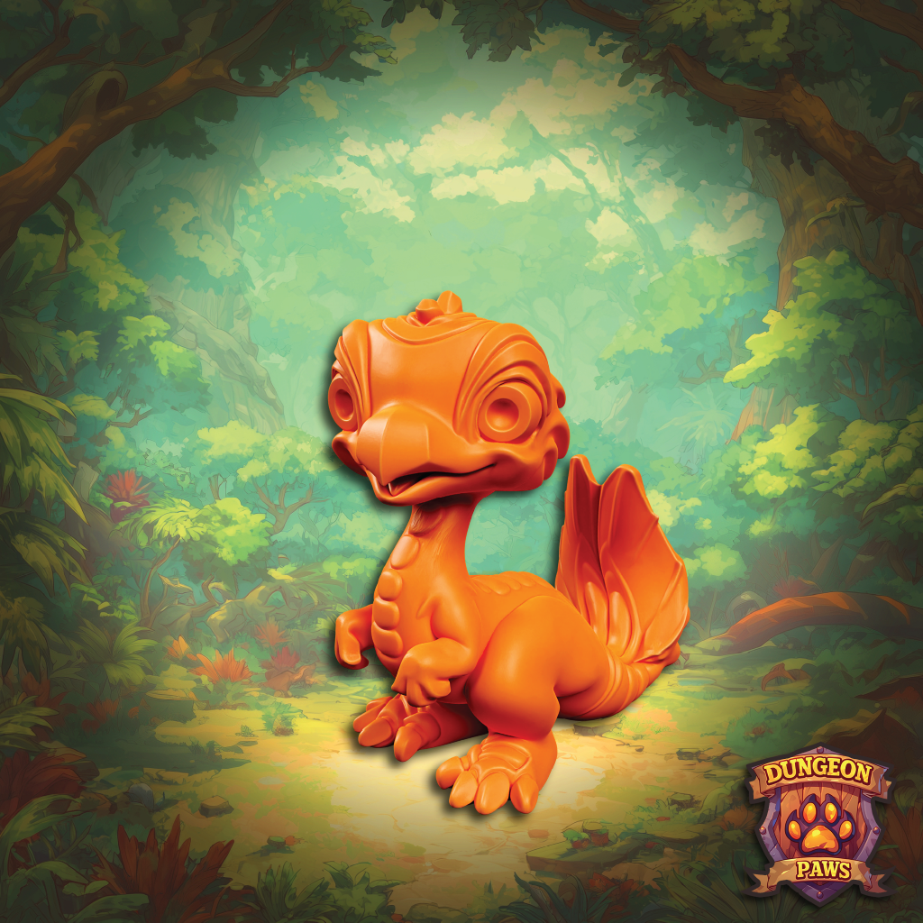 Orange dinosaur-like creature in a forest setting with 'Dungeon Paws' logo.