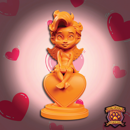 Orange figurine of a character with wings sitting on a heart, surrounded by hearts on a pink background, with 'Dungeon Paws' logo.