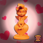Orange figurine of a character with wings sitting on a heart, surrounded by hearts on a pink background, with 'Dungeon Paws' logo.