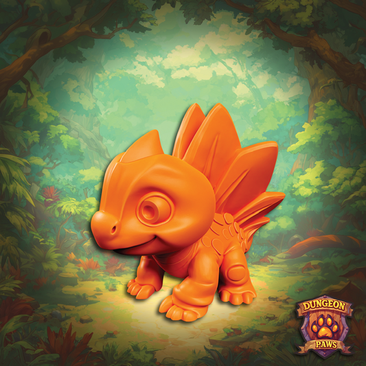 Orange toy dragon in a fantasy forest setting with 'Dungeon Paws' logo.