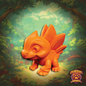 Orange toy dragon in a fantasy forest setting with 'Dungeon Paws' logo.