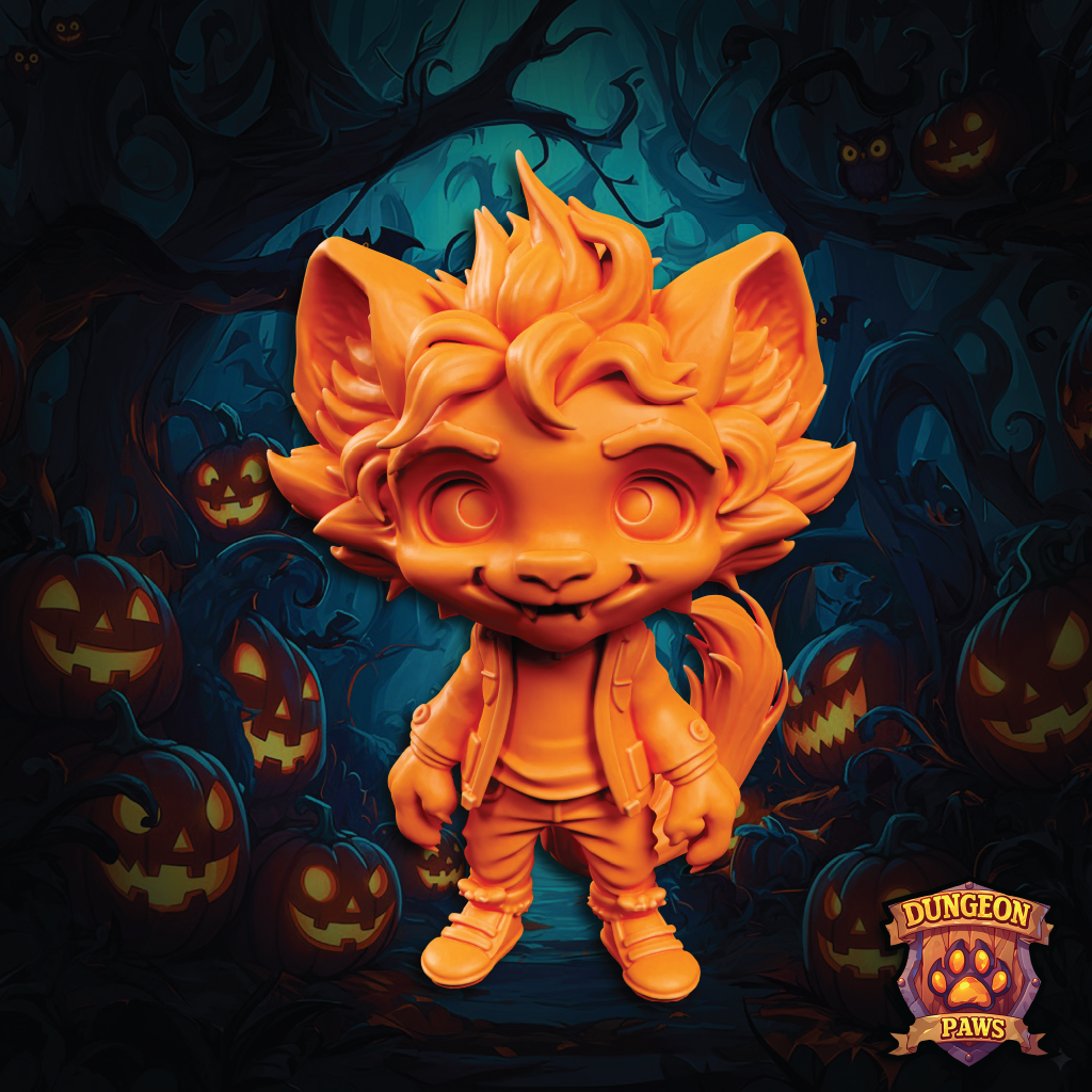 Orange creature with cat-like features against a Halloween-themed background with pumpkins.