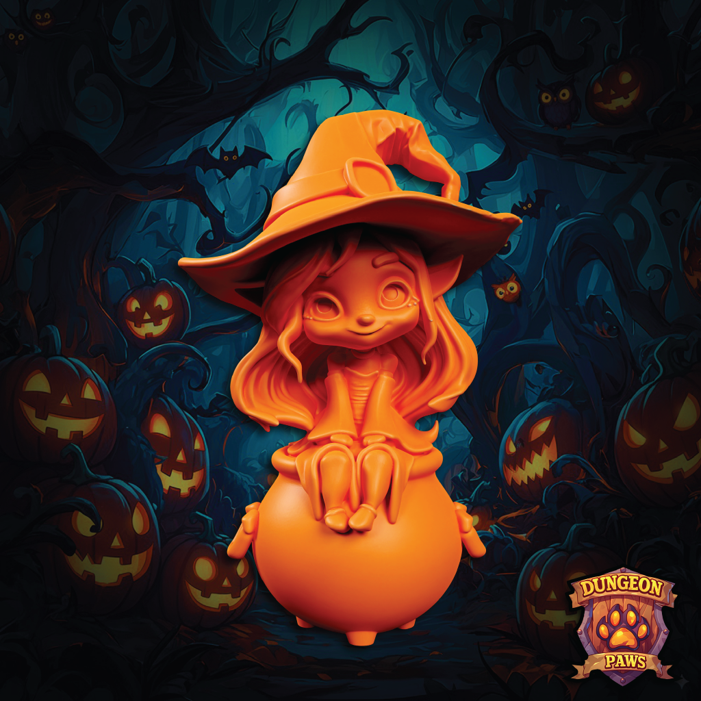 An orange witch 3D model in a dark forest full of pumpkins and bats