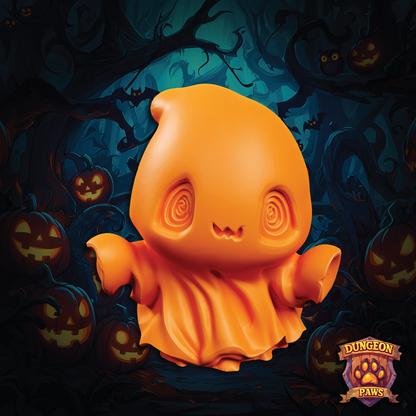 Orange ghost figurine with pumpkins and bats in the background, featuring the 'Dungeon Paws' logo.