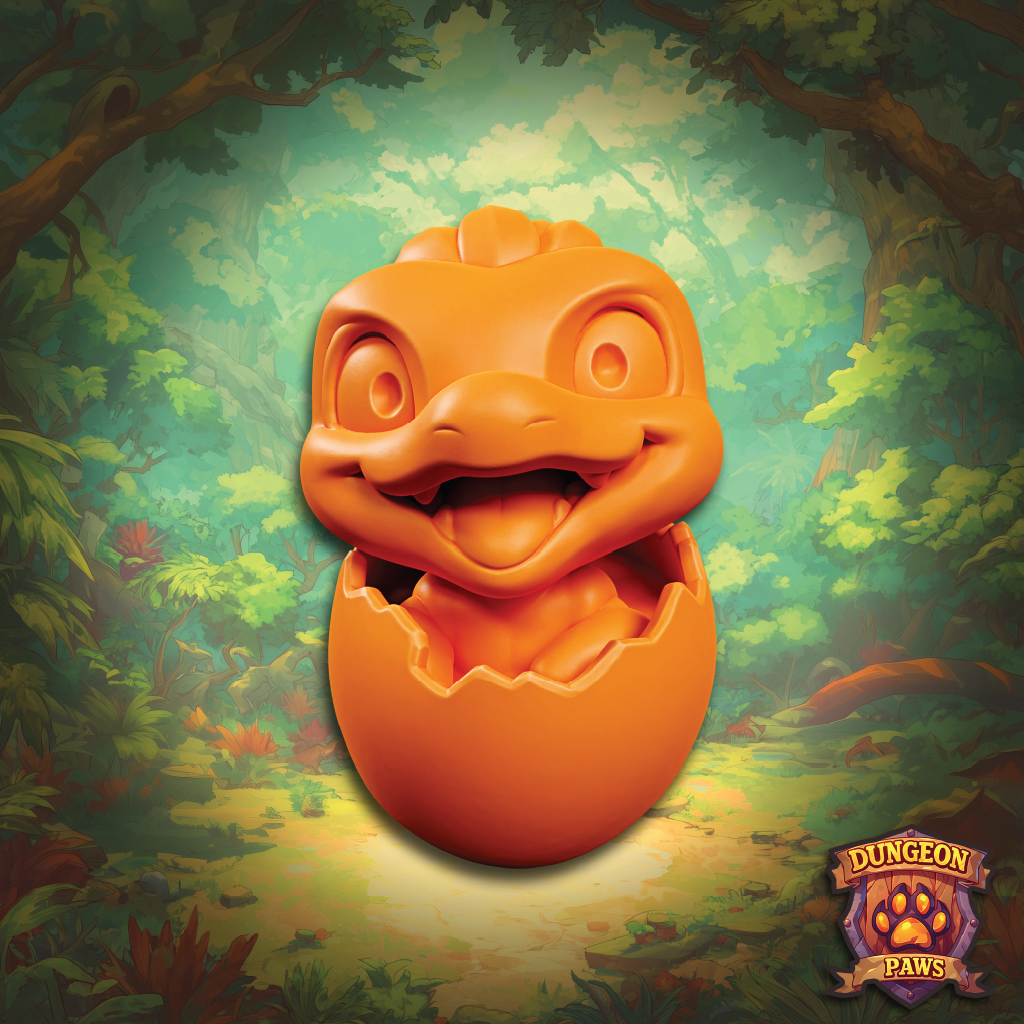 Orange creature emerging from an egg with a jungle background, featuring the 'Dungeon Paws' logo.
