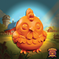 Orange chicken-shaped object with a farm background, featuring the 'Dungeon Paws' logo.