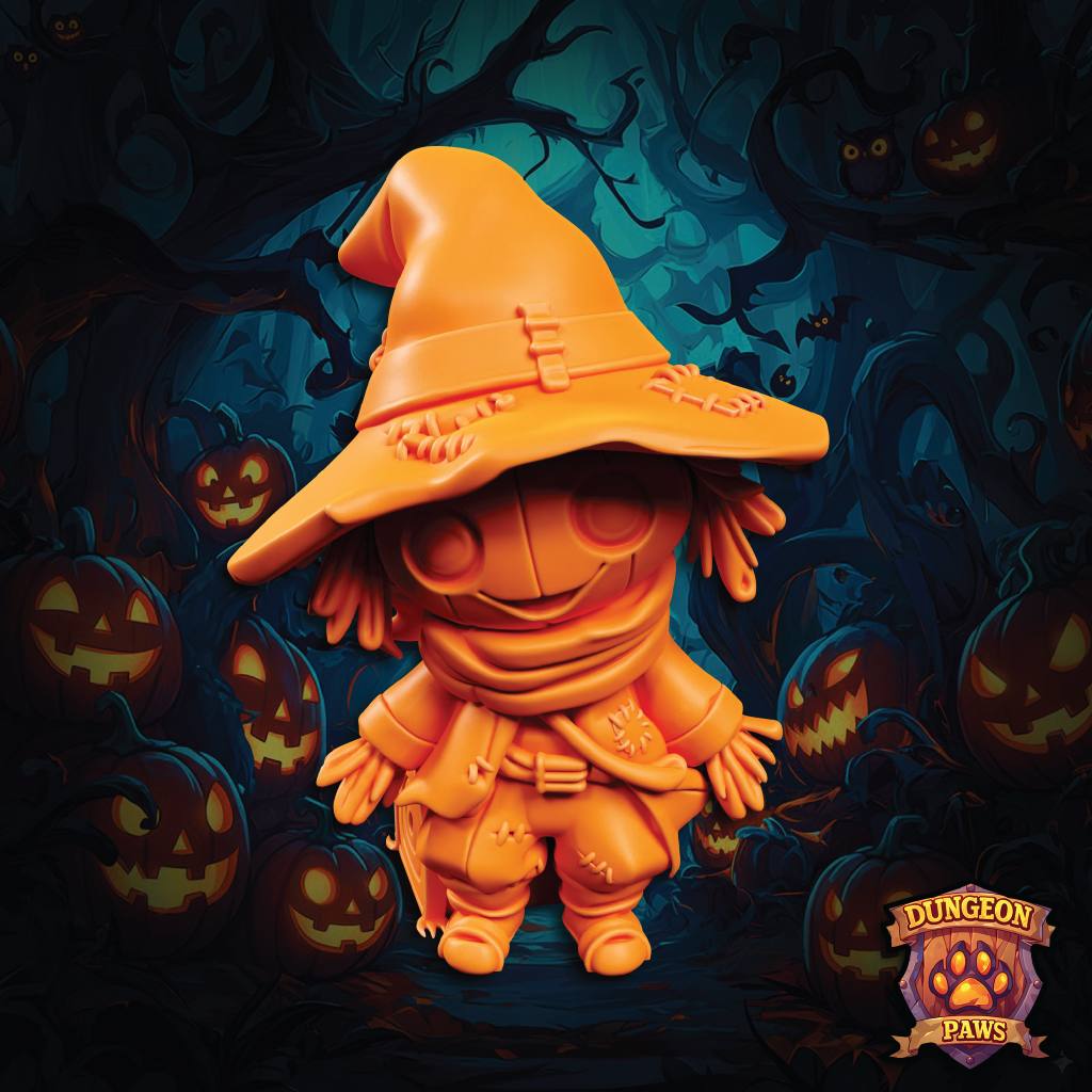 An orange scarecrow 3D model in a dark and tangled forest filled with pumpkins and bats