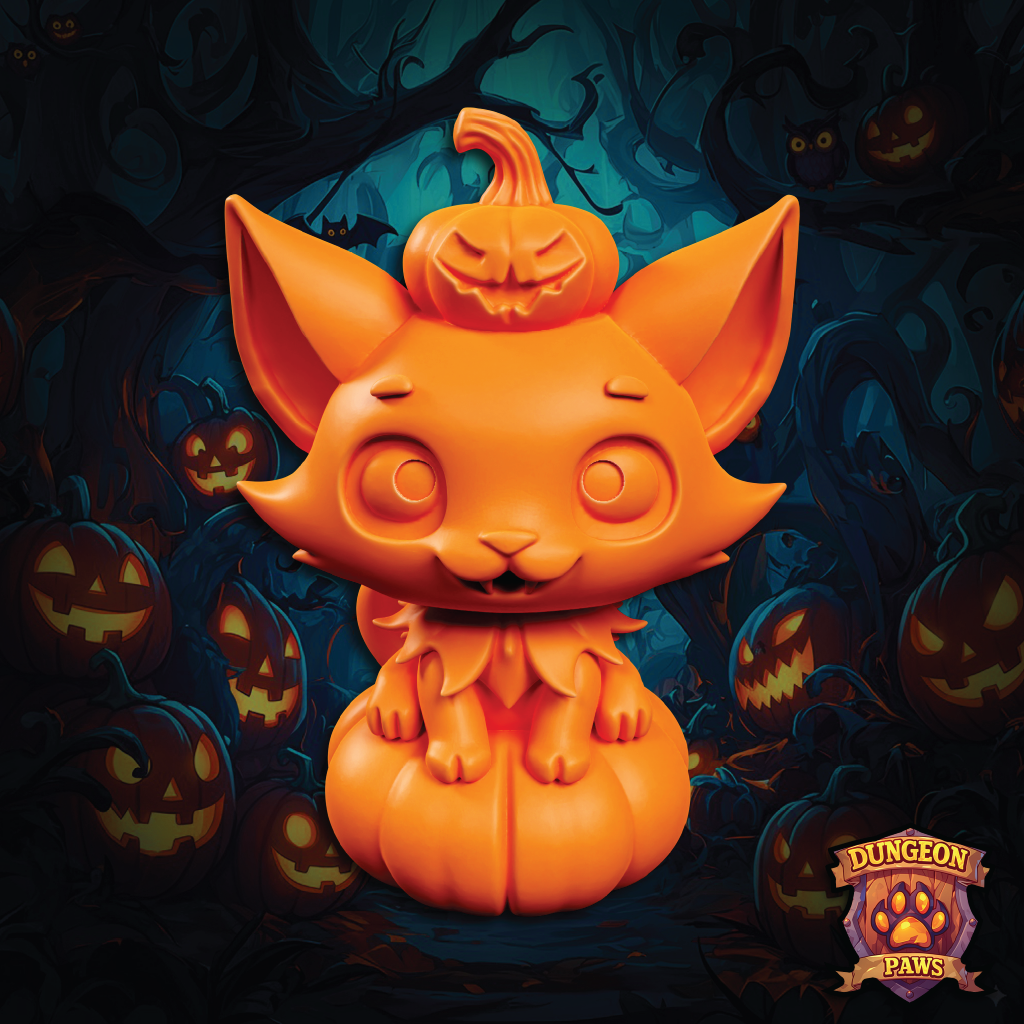 Orange cat-shaped pumpkin with jack-o'-lantern top on a dark background with pumpkins, featuring 'Dungeon Paws' logo.