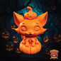 Orange cat-shaped pumpkin with jack-o'-lantern top on a dark background with pumpkins, featuring 'Dungeon Paws' logo.