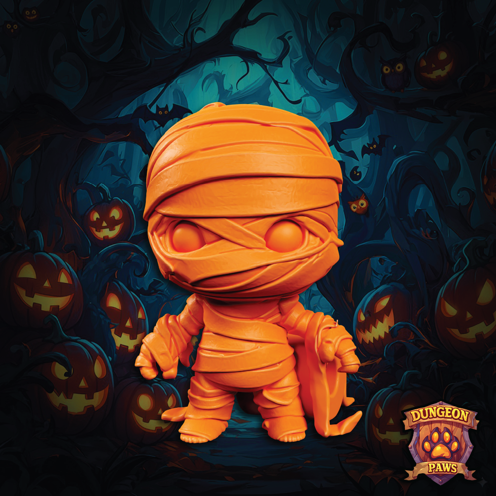 Mummy figurine with pumpkins and bats in the background, featuring 'Dungeon Paws' logo.