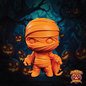 Mummy figurine with pumpkins and bats in the background, featuring 'Dungeon Paws' logo.
