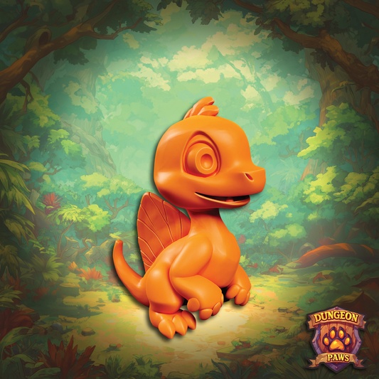 Orange dinosaur toy in a forest setting with 'Dungeon Paws' logo.