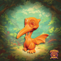 Orange dragon-like creature in a fantasy forest with 'Dungeon Paws' logo.
