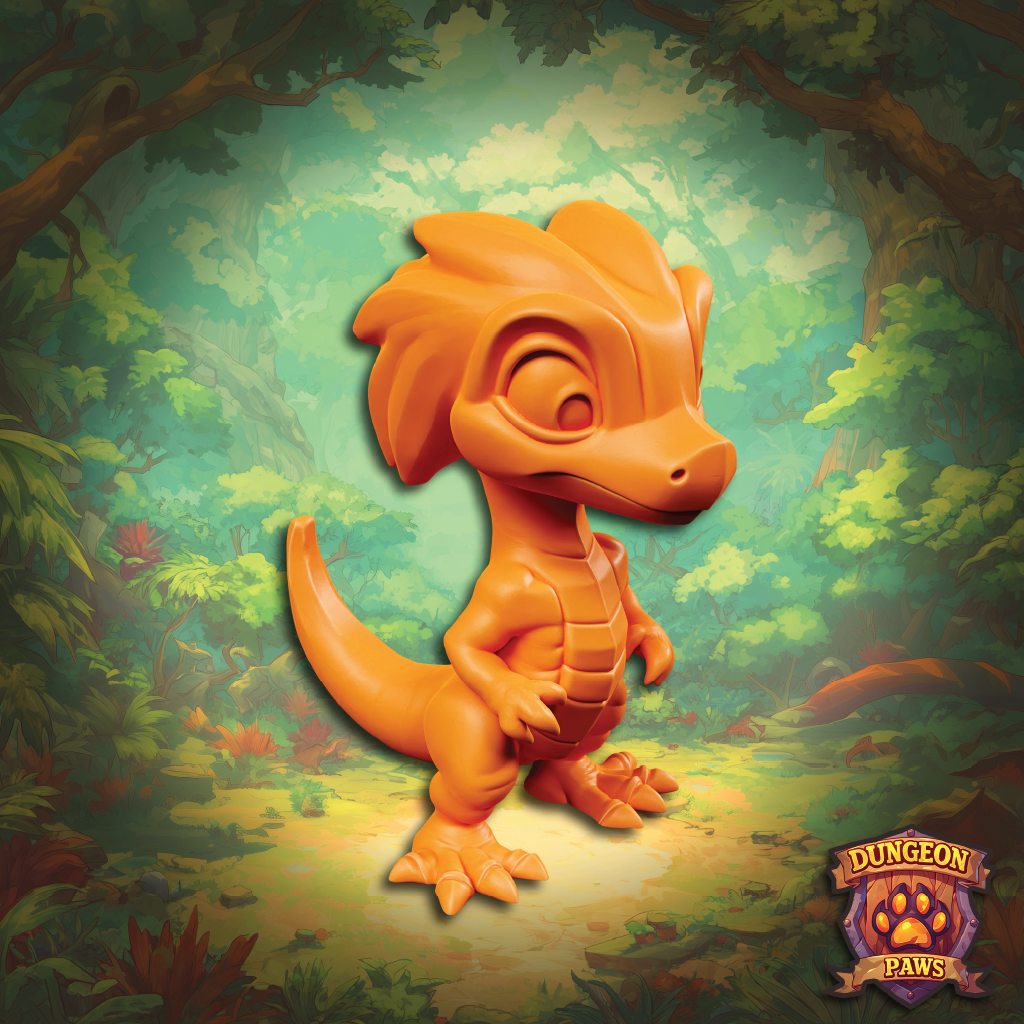 Orange cartoon dragon-like creature in a forest setting with 'Dungeon Paws' logo.