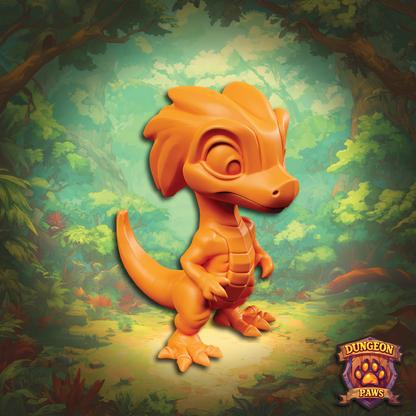 Orange cartoon dragon-like creature in a forest setting with 'Dungeon Paws' logo.