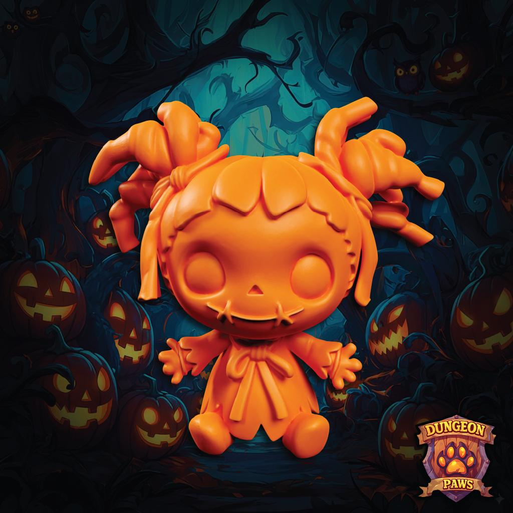 Halloween-themed figurine with pumpkins and a dark background, featuring the 'Dungeon Paws' logo.