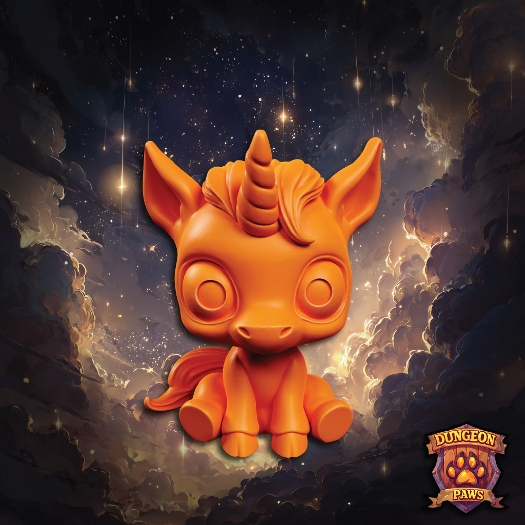 Orange creature figurine with a horn on a cosmic background, featuring the 'Dungeon Paws' logo.