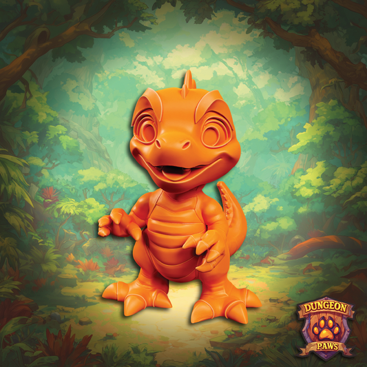 Orange cartoon dinosaur toy in a forest setting with 'Dungeon Paws' logo.