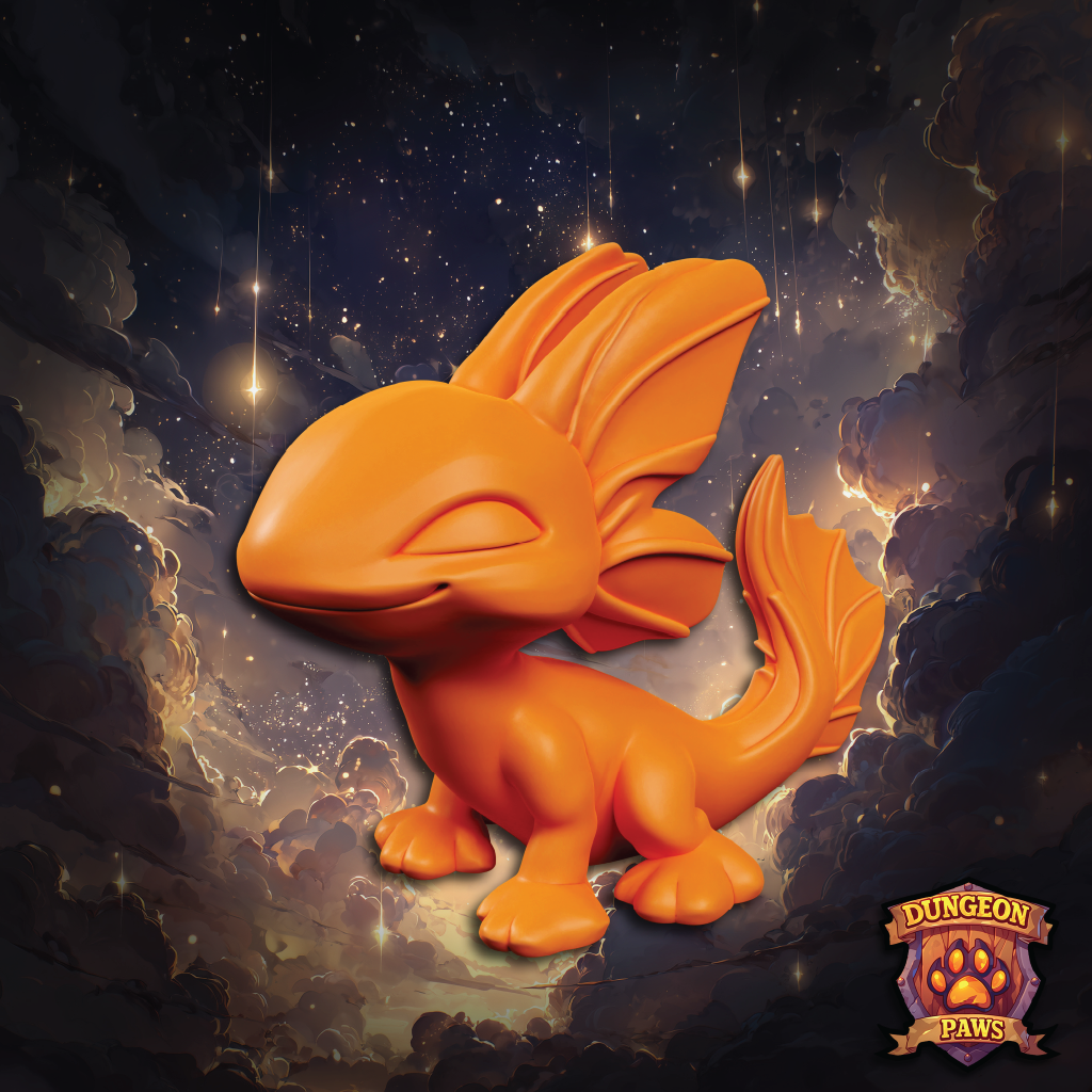Orange dragon-like creature in a fantasy setting with 'Dungeon Paws' logo.