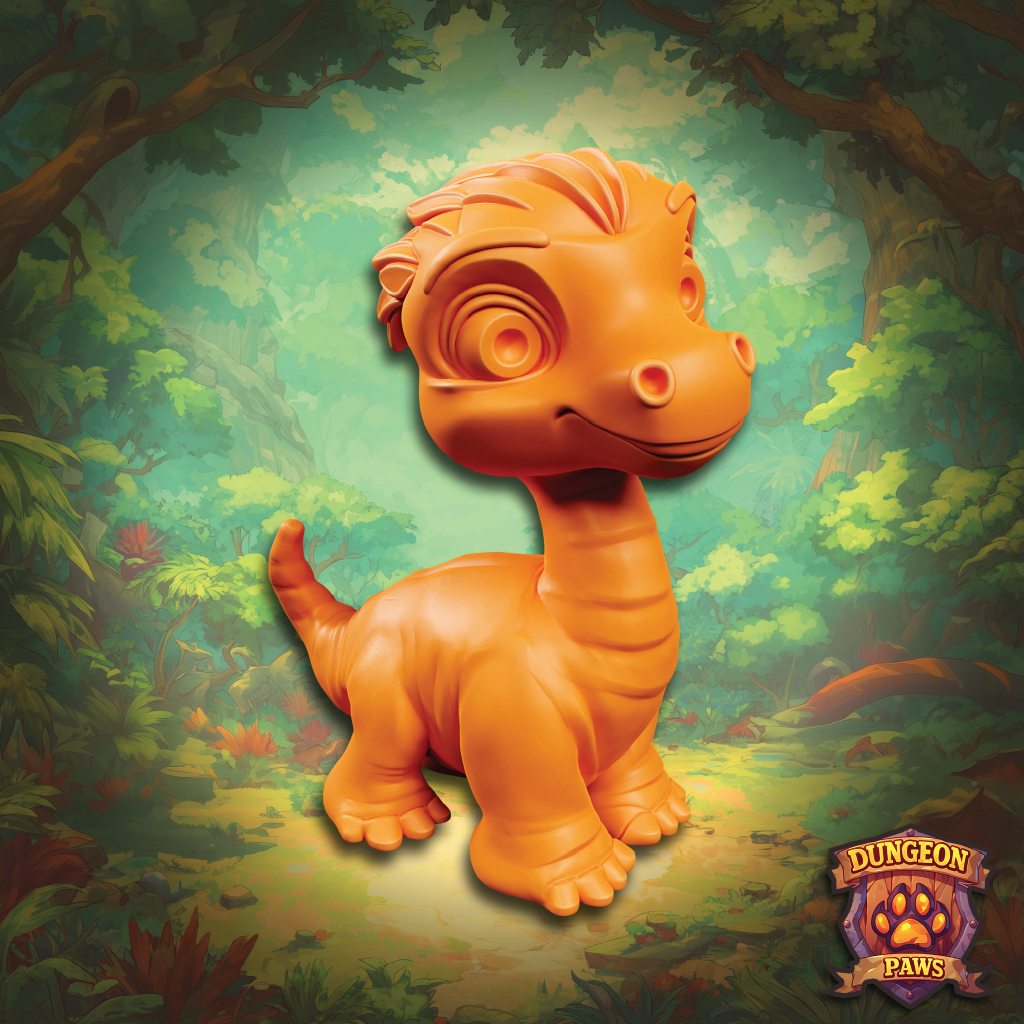 Orange dinosaur toy with a jungle background and 'Dungeon Paws' logo.