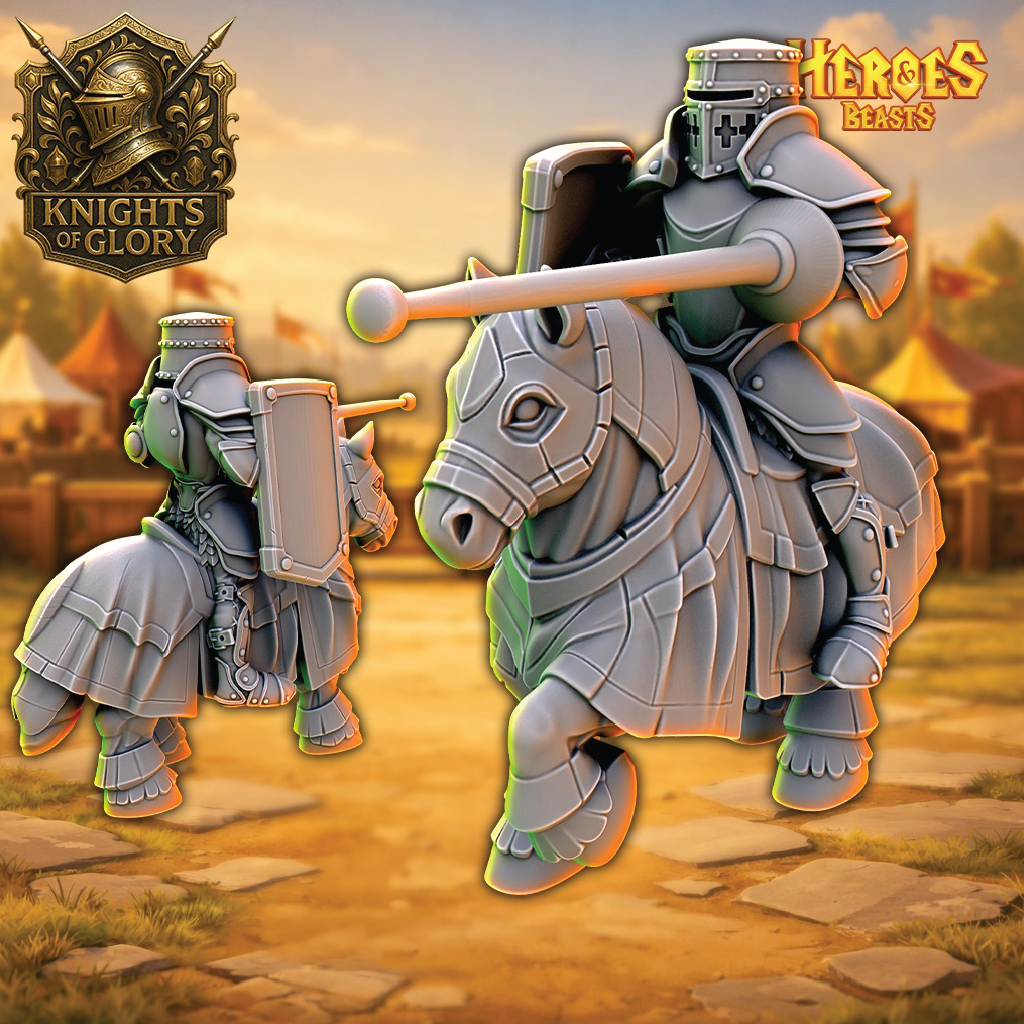 Two armored figures on horseback with 'Knights of Glory' logo in the corner.