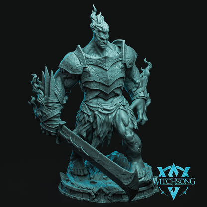 Unpainted fantasy warrior figurine with armor and weapon on a black background, featuring the 'Witchsong' logo.