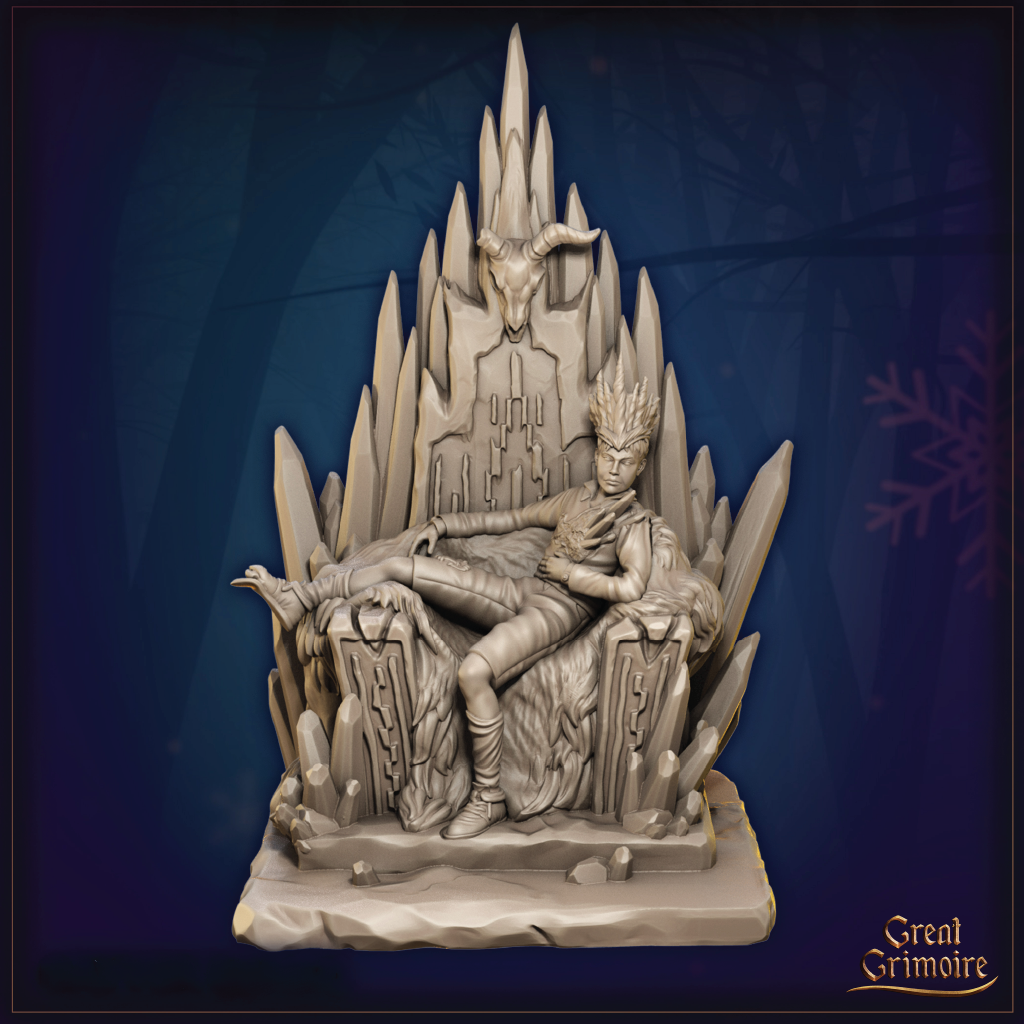 Statue of a figure sitting on a throne with a mystical background, featuring the brand 'Great Grimoire'.
