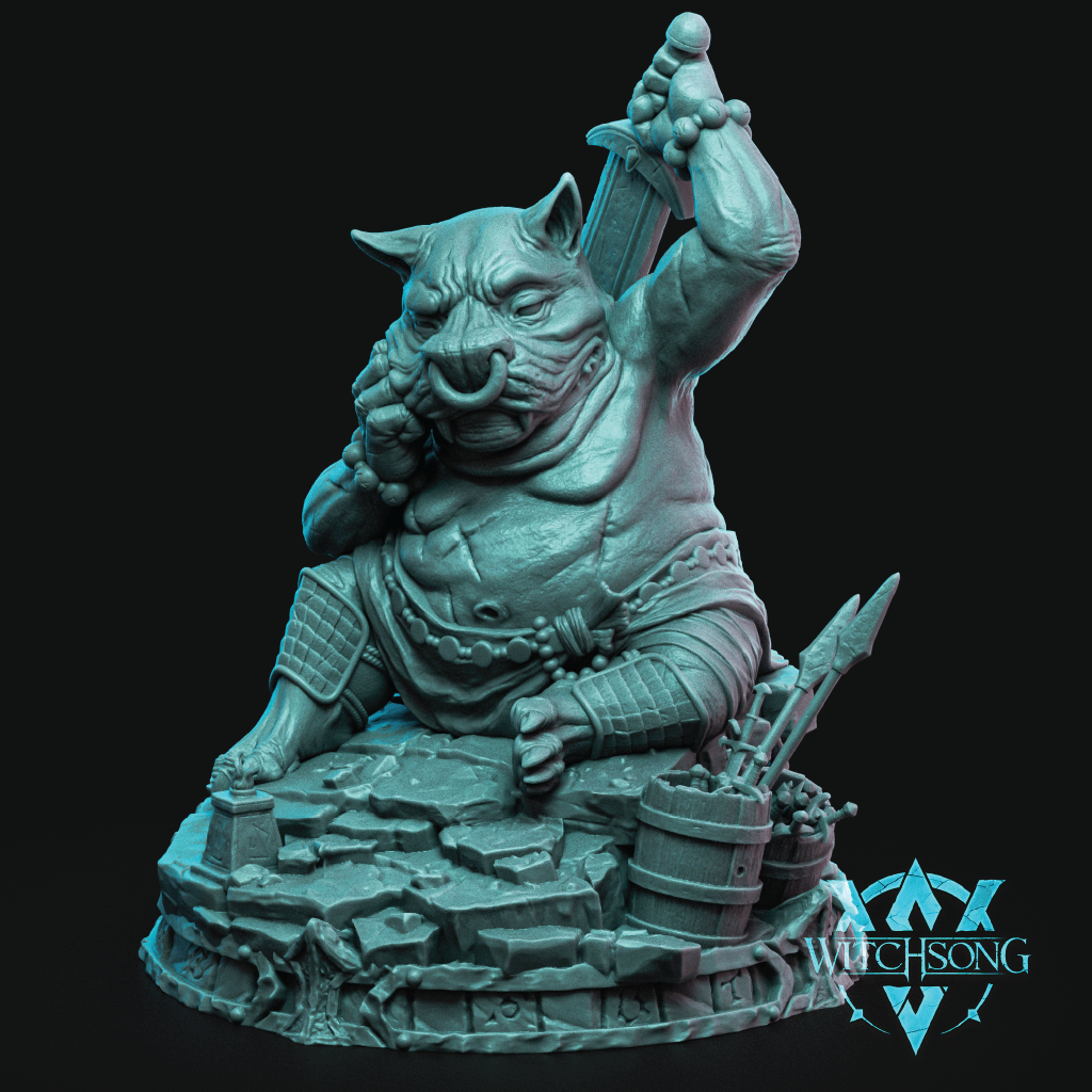 Teal-colored figurine of a warrior with a sword on a dark background, featuring the 'Witchsong' logo.