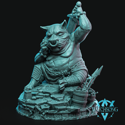 Teal-colored figurine of a warrior with a sword on a dark background, featuring the 'Witchsong' logo.