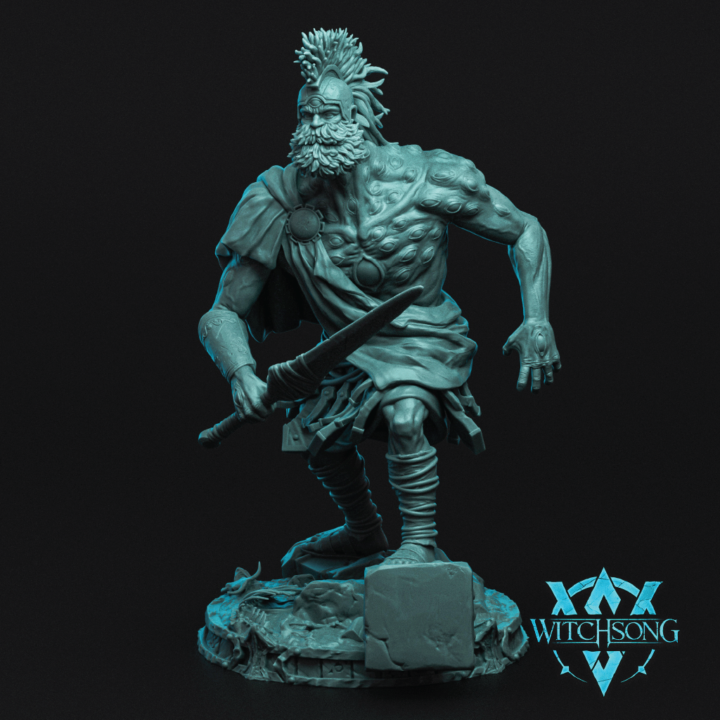 Statue of a warrior with a sword on a dark background, featuring the 'Witchsong' logo.