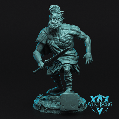 Statue of a warrior with a sword on a dark background, featuring the 'Witchsong' logo.