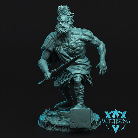 Statue of a warrior with a sword on a dark background, featuring the 'Witchsong' logo.