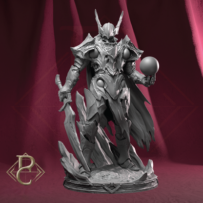 Statue of a fantasy warrior with armor and weapons on a red background