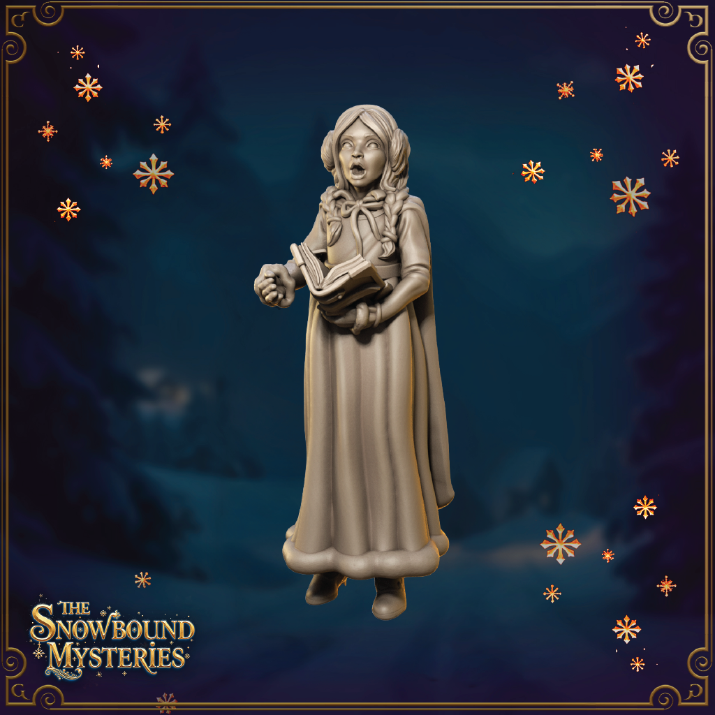 A render of a 3D model of a young girl Christmas caroler holding a hymnal and standing in winter clothing as she sings.