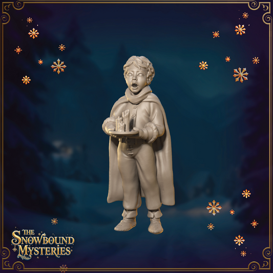A render of a 3D model of a young male Christmas caroler holding a candle and standing in winter clothing as he sings.