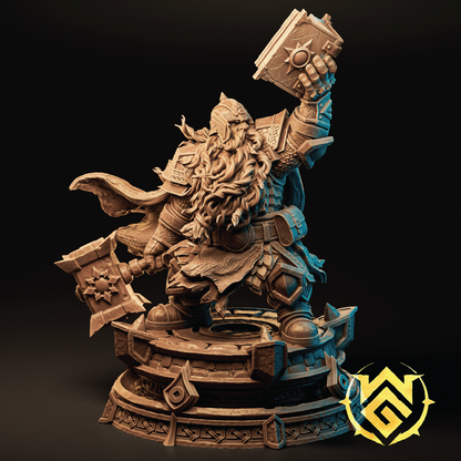 Render of a dwarf cleric miniature holding up a holy book and holding a hammer