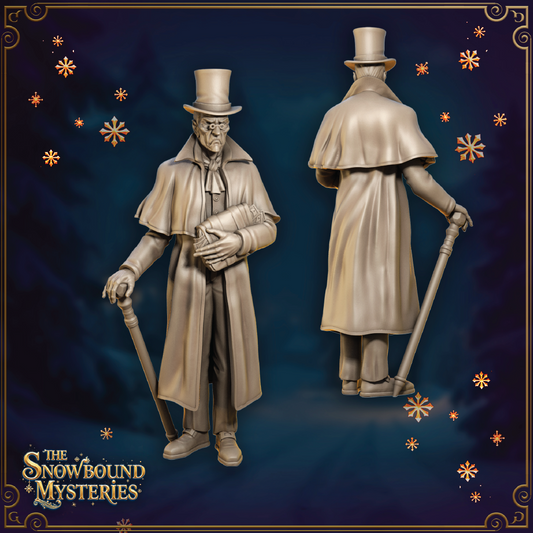 Statue of a character from 'The Snowbound Mysteries' with a dark blue background and decorative elements.