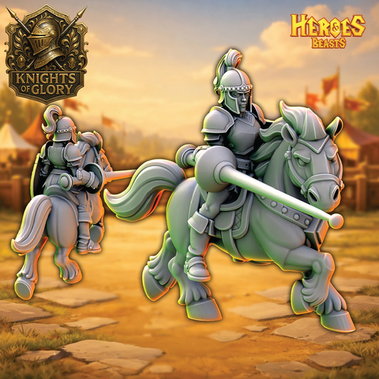 Animated knights on horseback with 'Knights of Glory' logo in the corner.