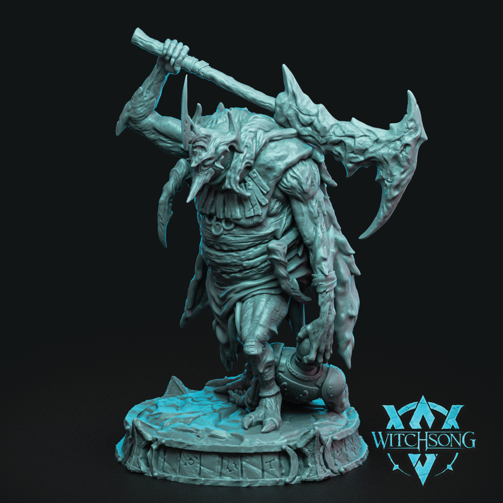 Fantasy figurine with axe on a black background, featuring the 'Witchsong' logo.