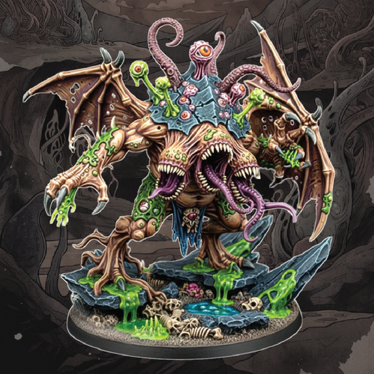 Glossy monster figurine with detailed design on a dark background