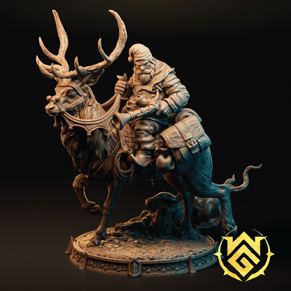 Render of a dwarf ranger riding a reindeer on a hunt