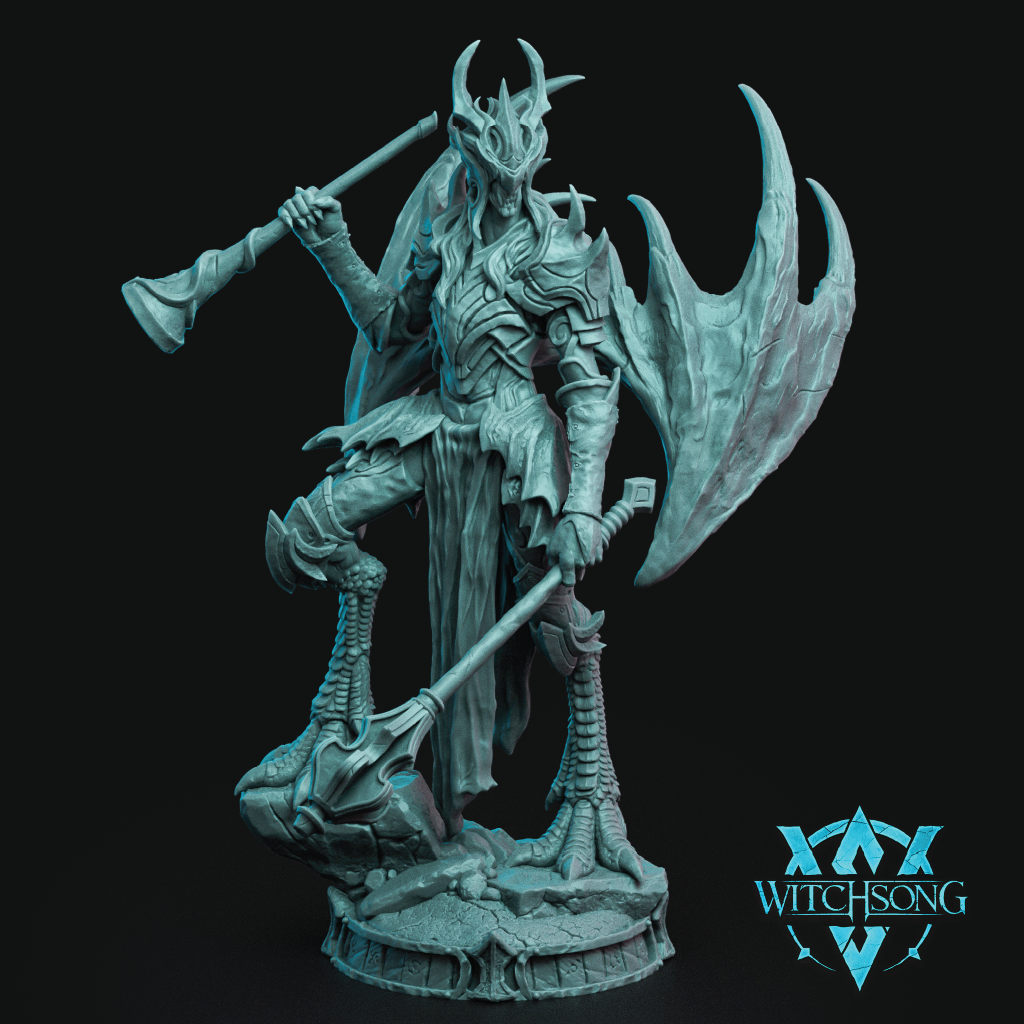 Fantasy figurine with armor and weapons on a black background, featuring the 'Witchsong' logo.